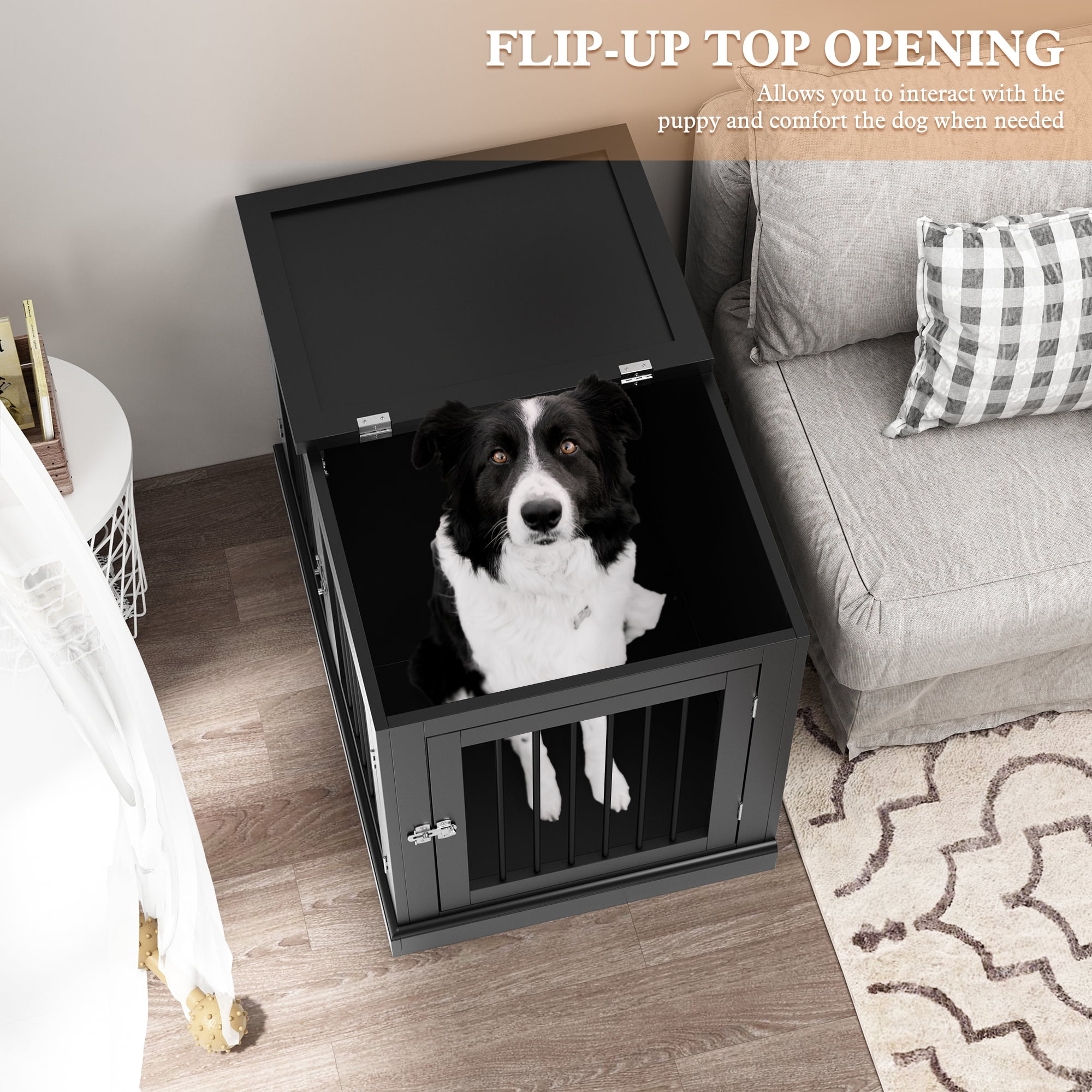 Furniture Style Dog Crate with Cushion, Dog Kennel Medium, Pet Crates, Dog Cage for Small and Medium Dogs, Decorative Dog Kennel with Flip-top Plate, Chew-Proof Metal Bars, Black