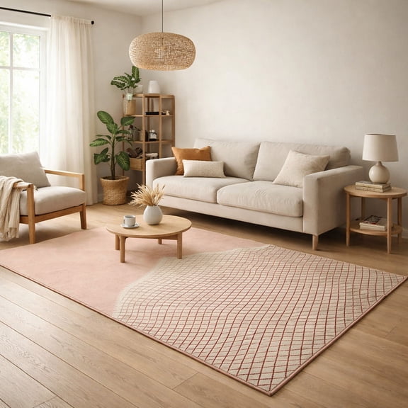 Handmade Pink Tufted Area Rug 5x7 – Geometric Design Carpet for Living Room & Dining Room | Soft Plush Pink Rectangle Accent Floor Rug