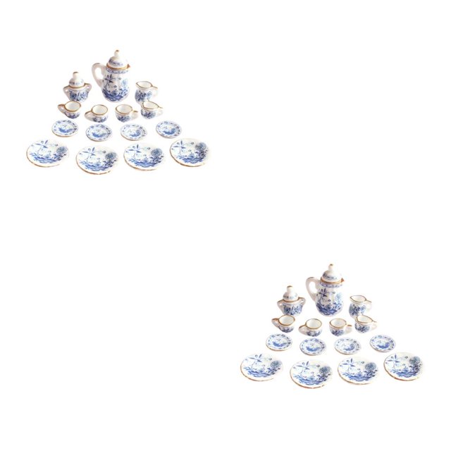 QualitChoice Mini House Tableware Set Fitting Miniature Teapot Model Kitchen Adornment Interesting Dinnerware Kit Models Accessories Blue flower 2Set
