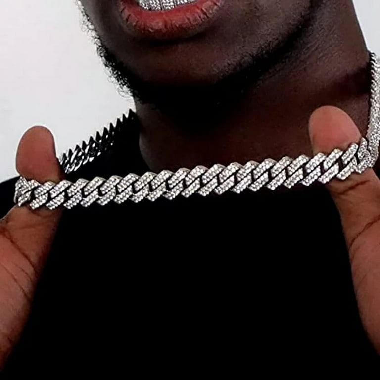14mm Prong Miami Cuban Link Chain Iced Out Necklace Silver Color