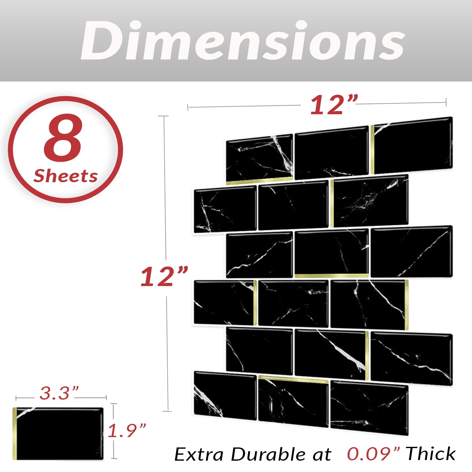 Dcor WOW 41006  Peel & Stick Backsplash, (8) 12x12-inch Sheet Covers 8 Sq Ft, Black Marble Subway Back Splash Tile Gold Accent