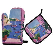 Yayeee Oven Mitts and Pot Holder Set of 2 Heat Resistant Kitchen Gloves Baking Hot Pad, Purple Window Scene
