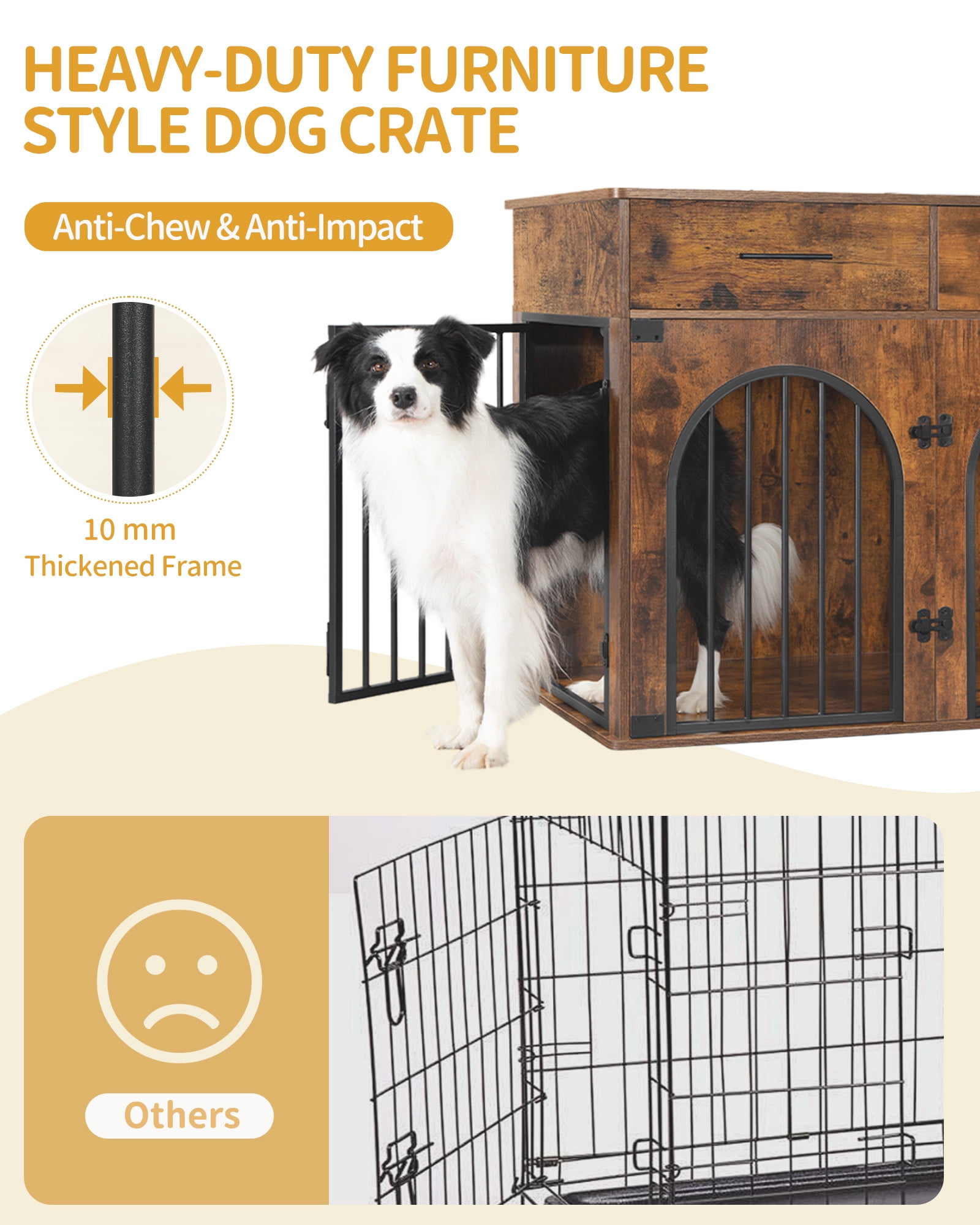 39.4"Wooden Dog Crate Furniture with 2 Drawers, Charging Station,for Medium/Large Dogs,Rustic Brown