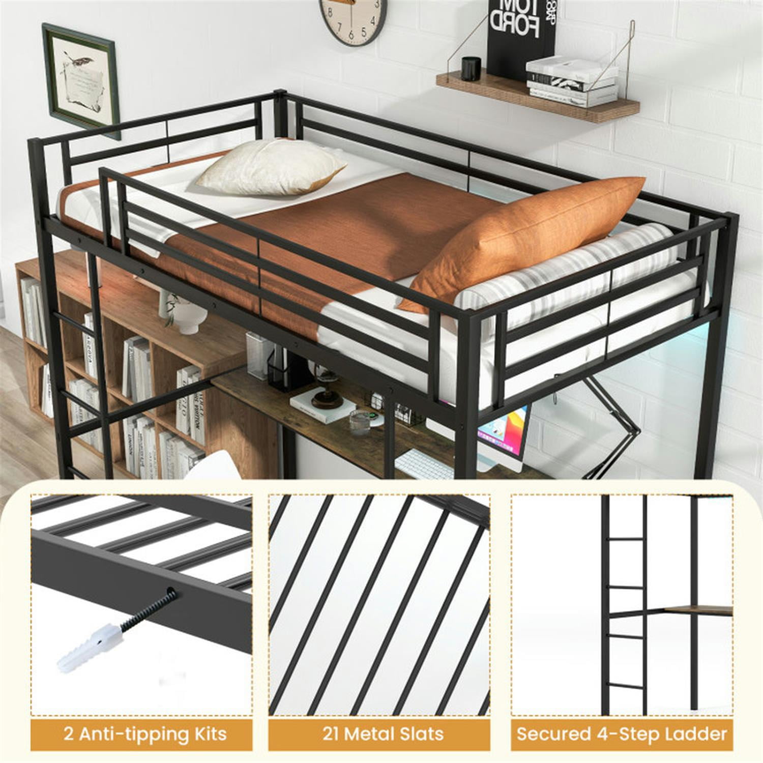 Demi Bonn Twin Size Loft Bed Raised Platform Bed with Desk and 2 Storage Shelves for Teens, Black