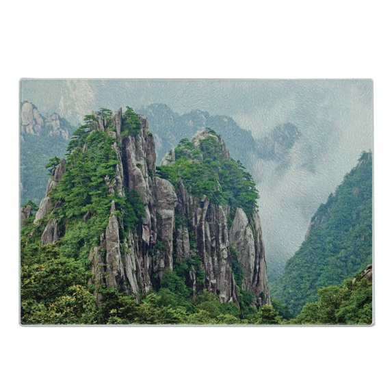 Mountain Cutting Board, Majestic Slim Mountains Rocks in Clouds South Chinese Nature, Decorative Tempered Glass Cutting and Serving Board, Small Size, Green Brown White, by Ambesonne
