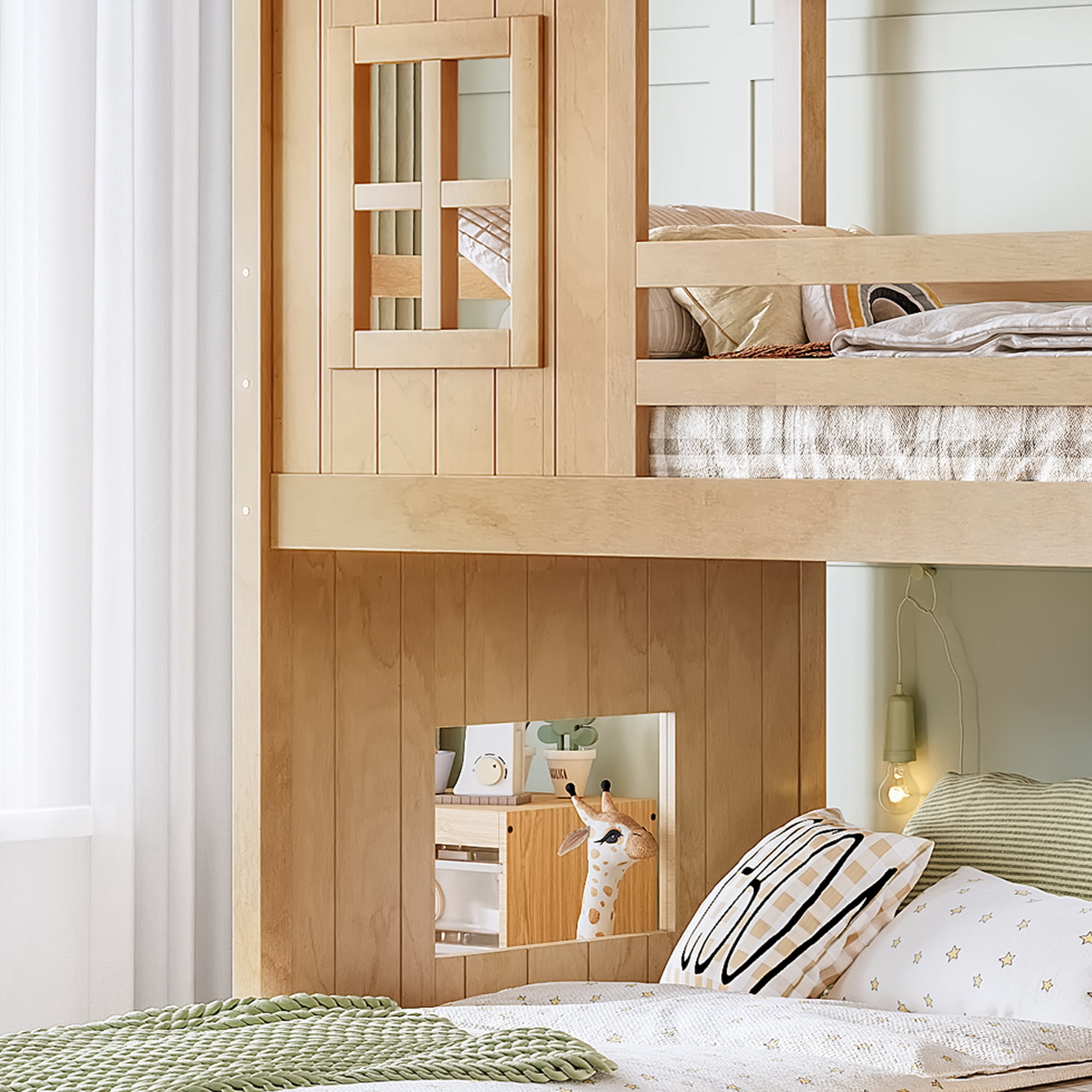 Twin over Full House Bunk Bed with Slide & Ladder, Wood Playhouse Bunk Bed with Storage Shelves & Wardrobe, Floor Bunk Bed for All Ages, Natural