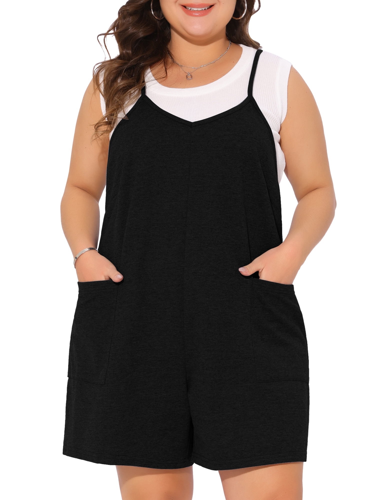 DARING DIVA Women's Plus Summer Casual Sleeveless Spaghetti Strap Romper 4X Black