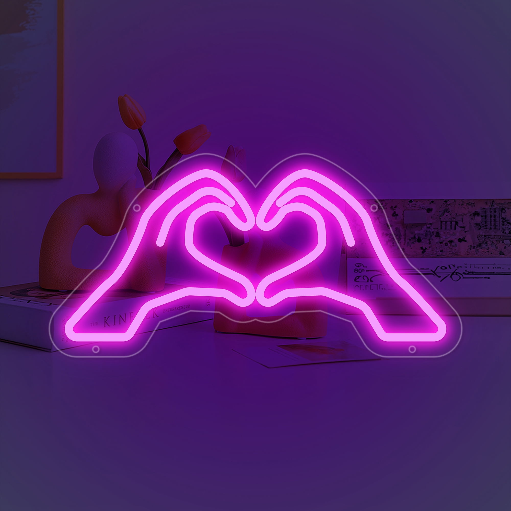 Heart Hands Neon Sign for Wall Decor, Pink Love Hand Neon Light with Dimmer and USB, Gift for Girls Led Light Up Sign for Bar, Hotel, Cafe, VIP Room, Home Decoration
