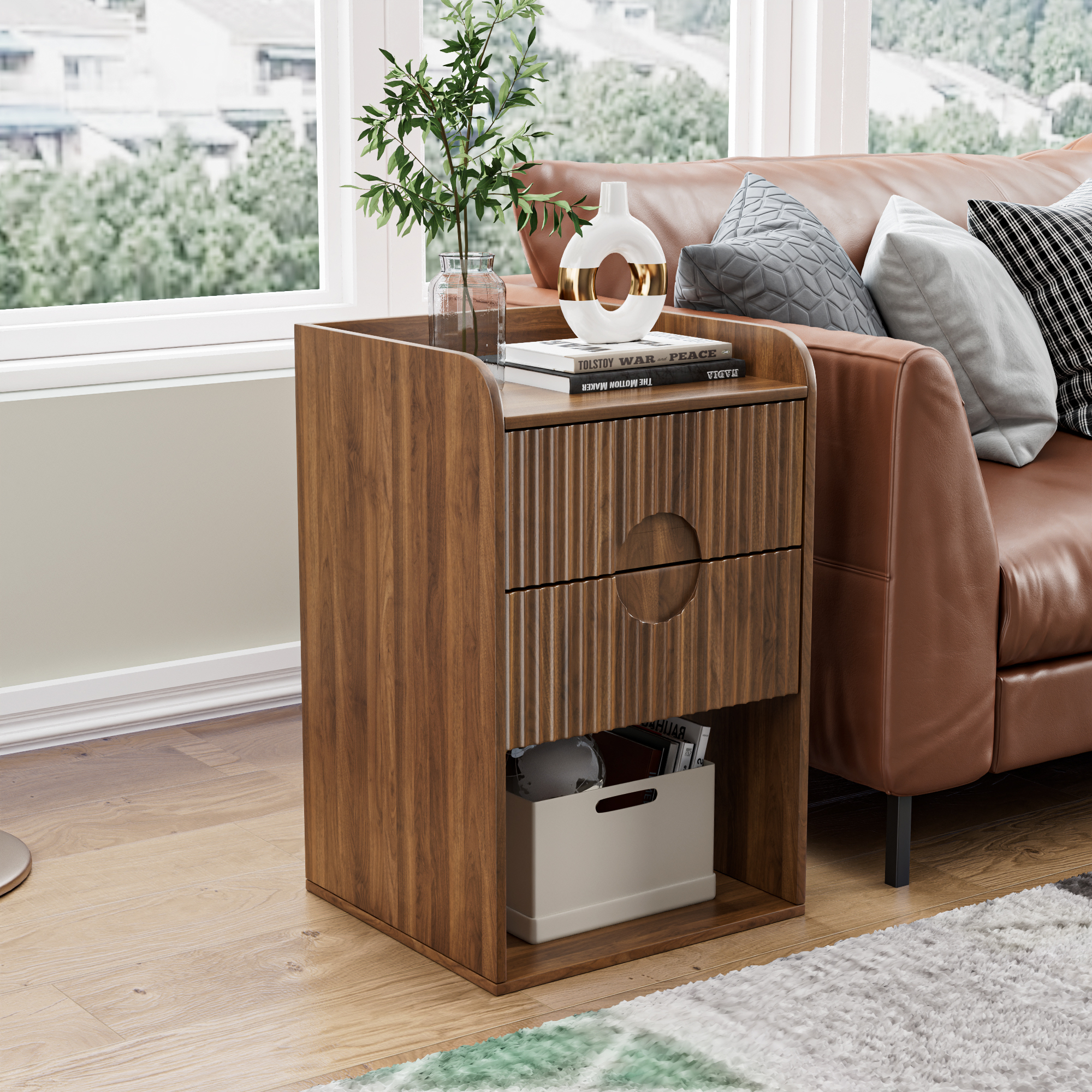 Nightstand Set of 2, End Table with Drawer, Fluted Side Table with Storage, Small bedside Table for Bedroom, Walnut