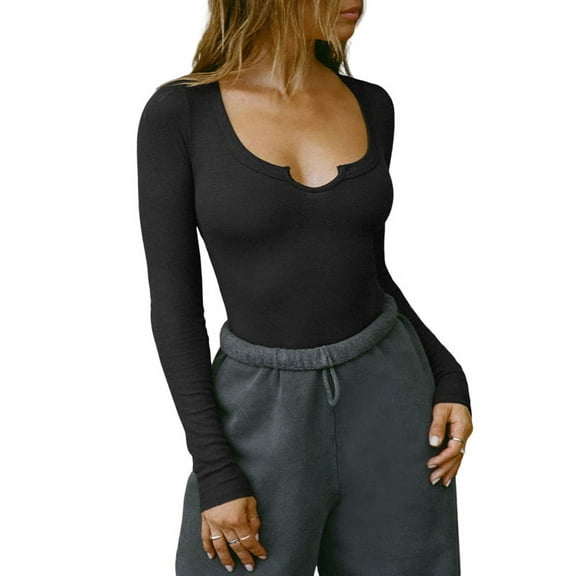 Women'S Casual Basic Long Sleeve Round Neck Slim Fitting Ribbed Knit Tops Black XL