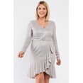 thumbnail image 5 of Plus Long Sleeve V-neck Asymmetrical Wrap Flare Hem Belt Detail Oval Rhinestone Buckle Mini Dress 2XL, 5 of 7