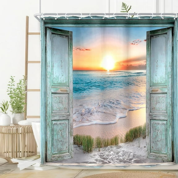 Ocean Beach Teal Barn Door Shower Curtain for Bathroom Decor 72Wx72H Hawaiian Sunset Scenery Sea Wave Retro Wood Rustic Nature Art Printed Fabric Polyester Waterproof 12 Pack Plastic Hooks