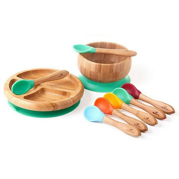 Avanchy Bamboo + Silicone Baby Bowl and Plate Set with Spoons in Green
