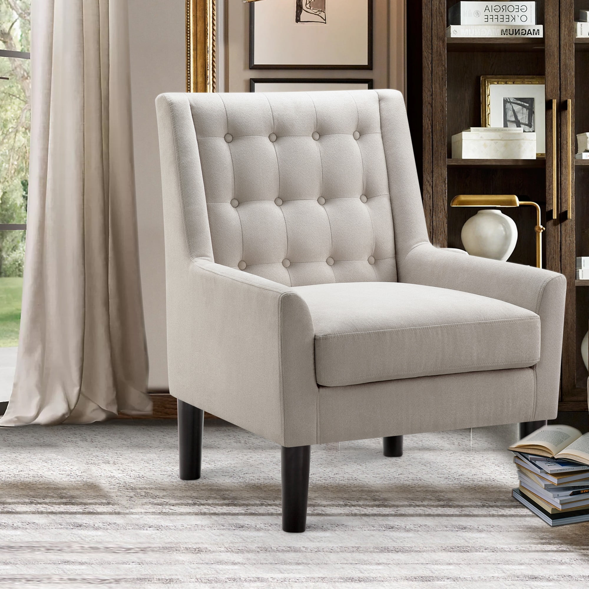 Gewnee Beige Velvet Tufted Wingback Accent Armchair Solid Rubberwood Legs for Living Room & Balcony