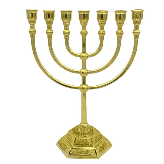 7 Branch Menorah Candle Holder Jerusalem Temple 12 Tribes of Israel Menorah 6.69-inch Height Antique Hanukkah Candle Stand for Jewish Holiday Party Decor Gold 17x13.5cm
