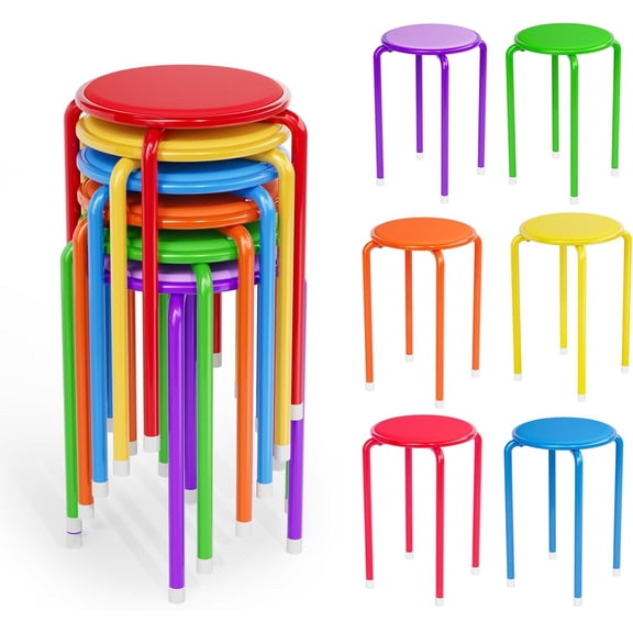 18 Inch Padded Stacking Stools, Colorful Portable Nesting Metal Round Stackable Stools Decoration for School Home Kitchen Indoor Outdoor Party, Pack of 6