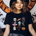 thumbnail image 3 of Spooky Icons Graphic T-Shirt | Cute Skull Pumpkin Ghost Print Tee, Navy, Size M, 3 of 6