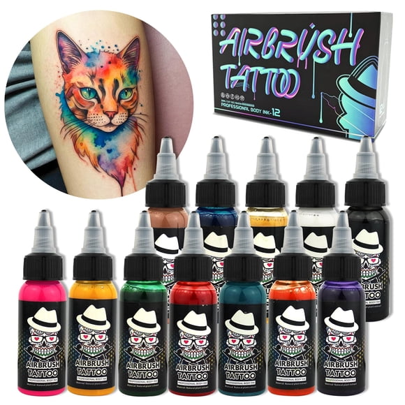 OPHIR Pintura corporal con aerógrafo 12x Juego de pigmentos de tinta para tatuaje con aerógrafo para aerografía Tatuaje temporal Aerógrafo Tatuajes corporales Colores 1.06 oz/Botella
