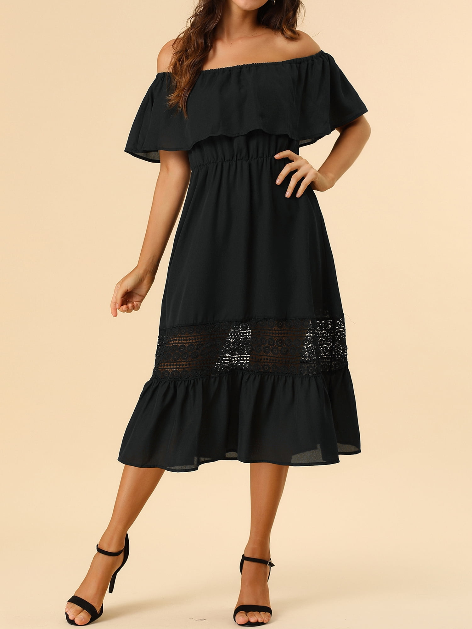DARING DIVA Women's Off Shoulder Flutter Sleeve Maxi Dress L Black