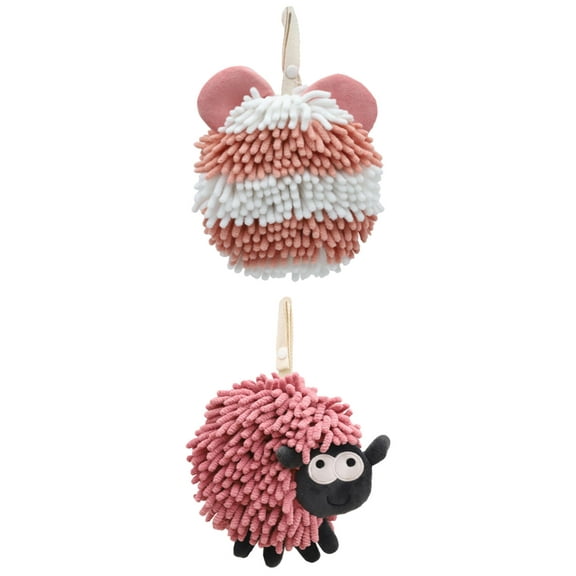 NOMADIC NOOK 2 Pack Chenille Fuzzy Ball Bathroom Hand Towels, Sheep Shape Absorbent Fast Drying Towels 7" x 7" Pink/Purple
