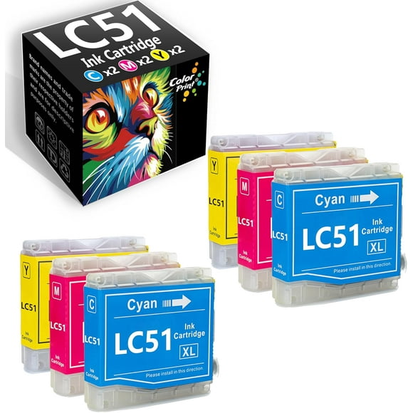 TRAHOO-Compatible LC 51 Color Ink Cartridge Replacement for Brother LC51 LC51C LC51M LC51Y for MFC 665CW 885CW 230C 240C MFC-465CN MFC-5860CN DCP 130C 357C 560CN 770CW Printer (2C,2M,2Y,6-Pack)