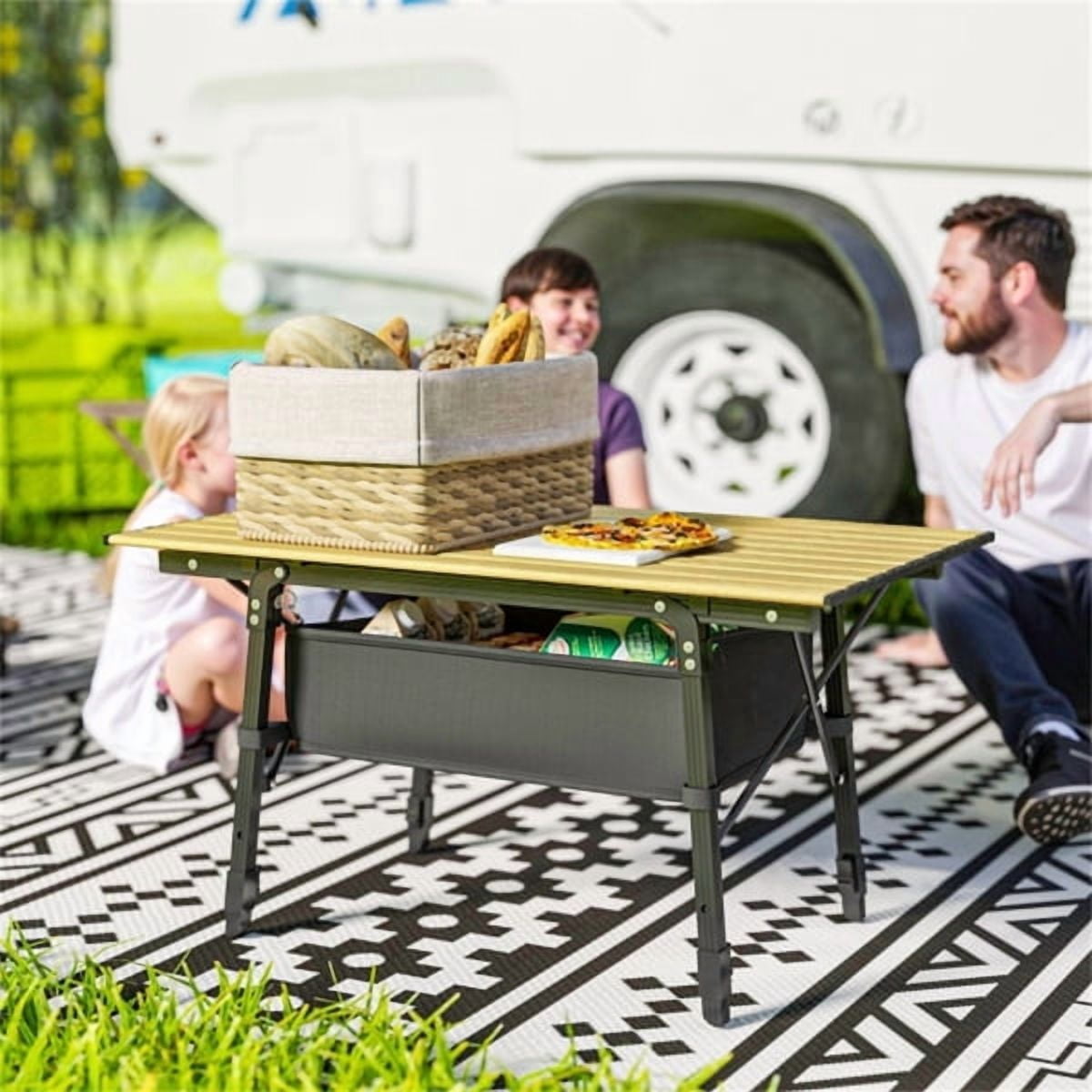 Folding Table with Storage Basket, 26" Adjustable Height Portable Camping Table Aluminum Foldable Dining Table for Outdoor Indoor, Black & Wood Color