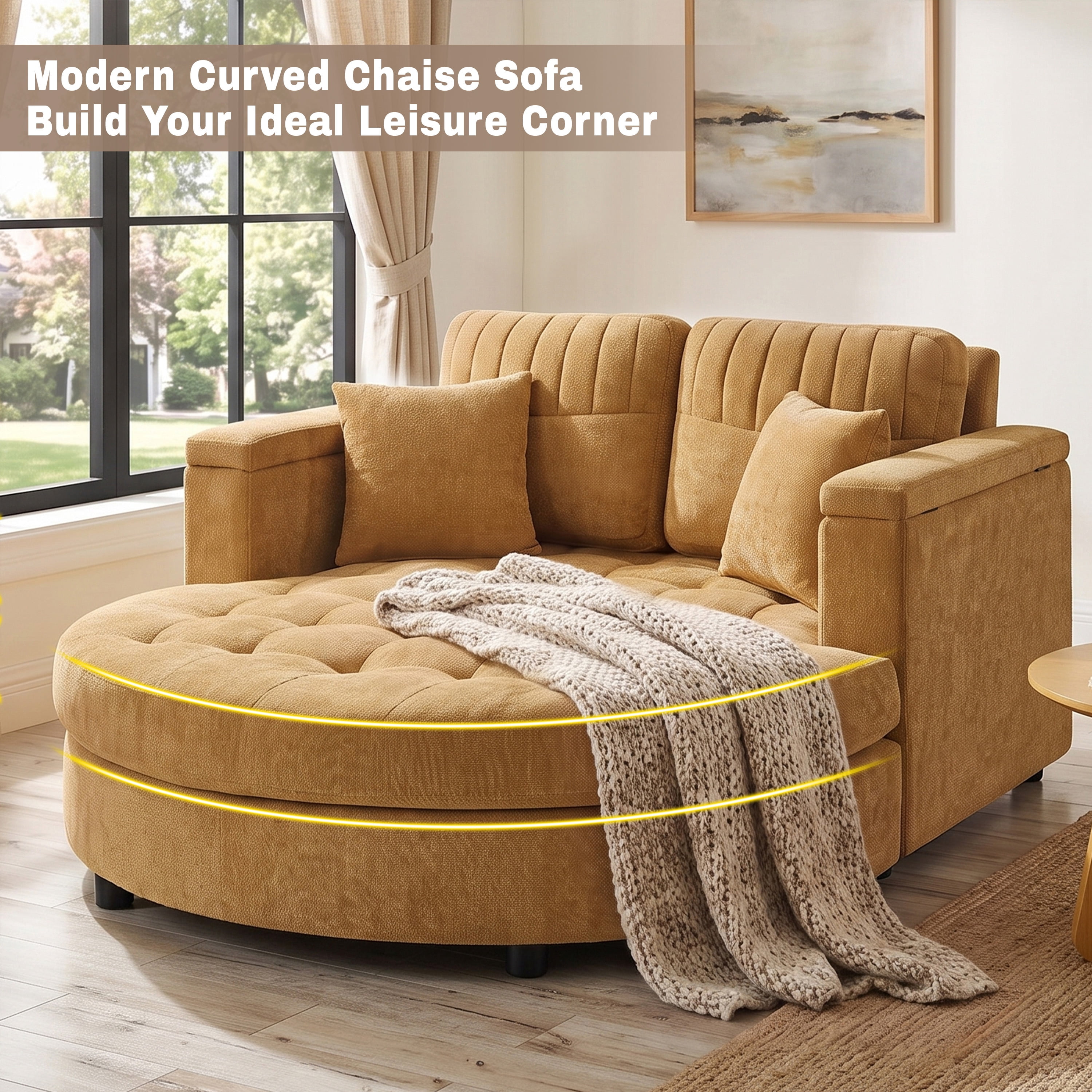 Euroco 66.9" Oversized Chaise Lounge Chair Indoor,Cloud Plush Chenille Floor Sofa Bed with Deep Seat,Storage Arms & Removable Pillows,Modern Upholstered Sofa Couch for Living Room,Yellow