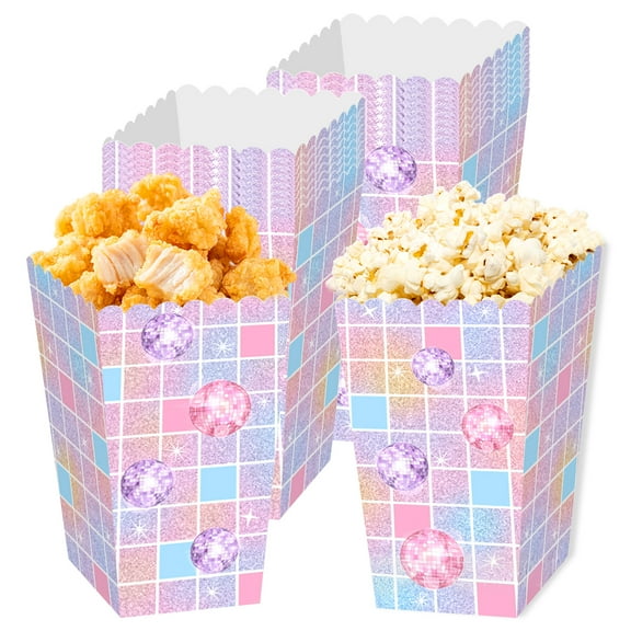 12 Pack Disco Popcorn Boxes - Colorful Glitter Gradient Design Foldable Paper Snack Containers for Birthday Party, Retro Theme Decor