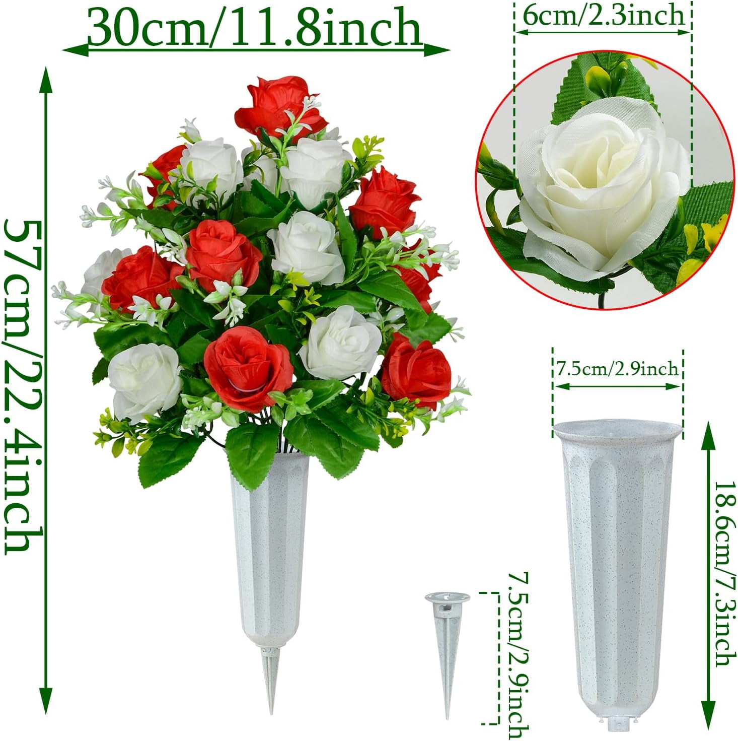 Artificial Cemetery Flowers, Set of Artificial Rose Bouquet Graveyard Memorial Flowers with Vase for Cemetery Headstones Decoration (White&Red-Pcs)