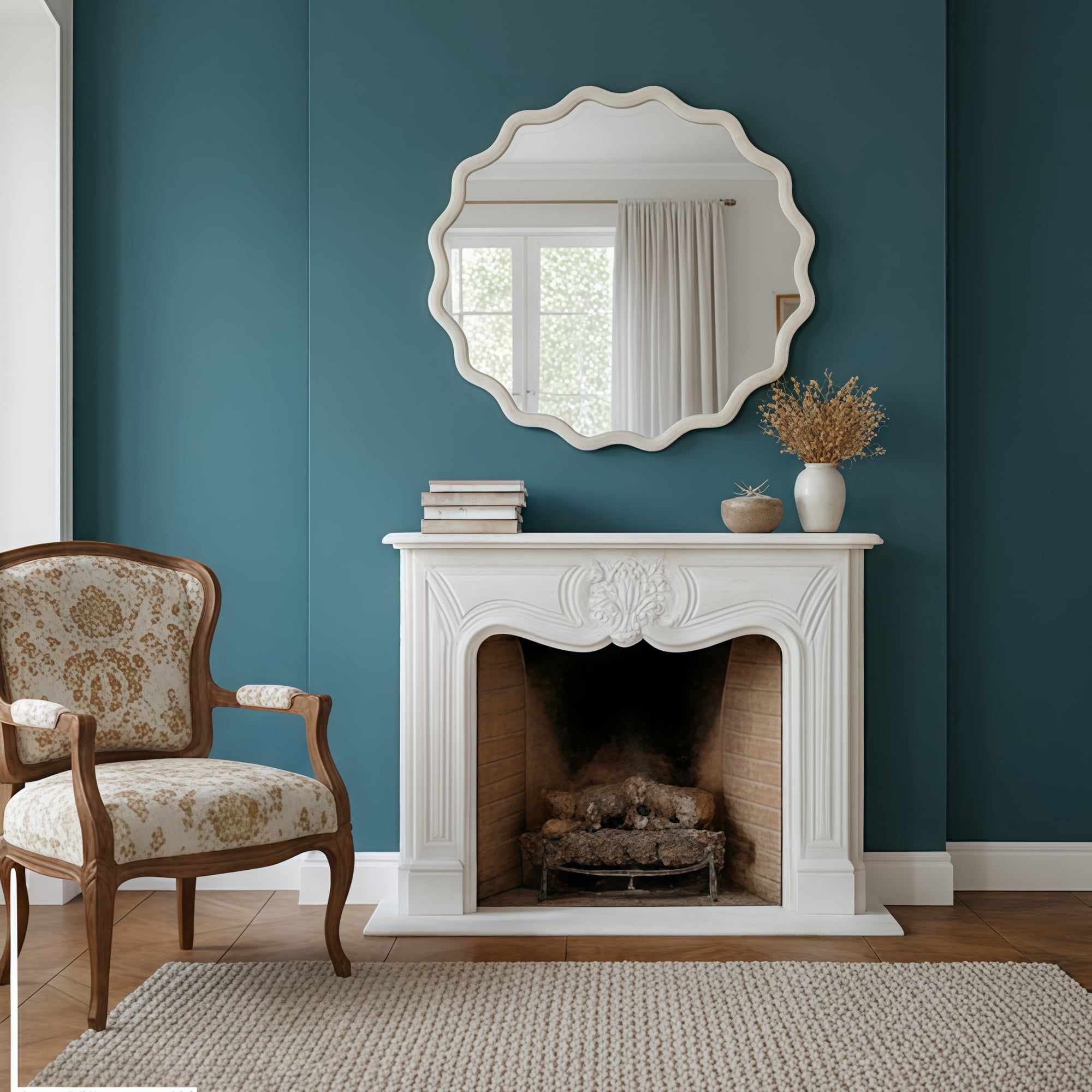 Leumius 30" Wavy Round Mirror, Solid Wood Frame Decorative Mirror for Bedroom Bathroom Living Room Entryway White