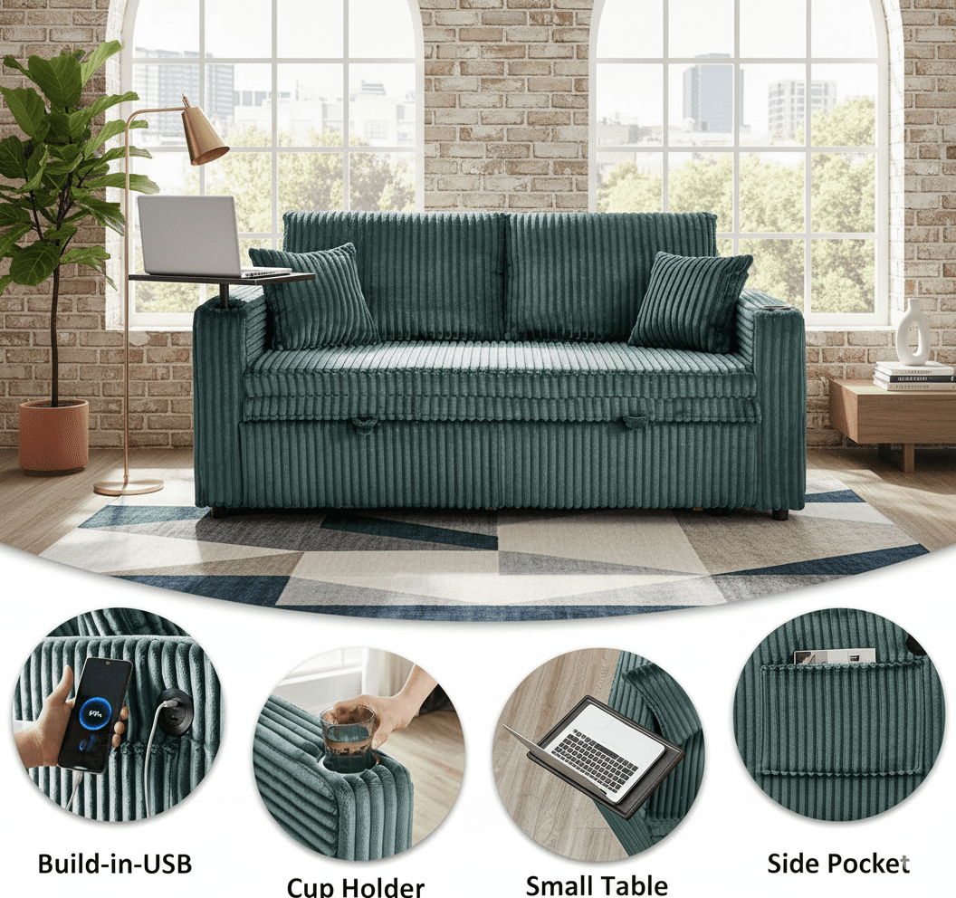 65in Sleeper Sofa Bed, 3 in 1 Convertible Pull Out Couch with Small Table, USB Ports, Cup Holders & 5-Level Adjustable Backrest, Corduroy Loveseat Sofa for Apartment, Bedroom, Living Room (Green)