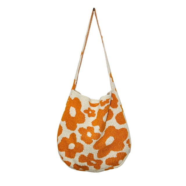 Bolso Hombro Btafrte Tejido Con Flores Bolso Mano Gran Capacidad Naranja