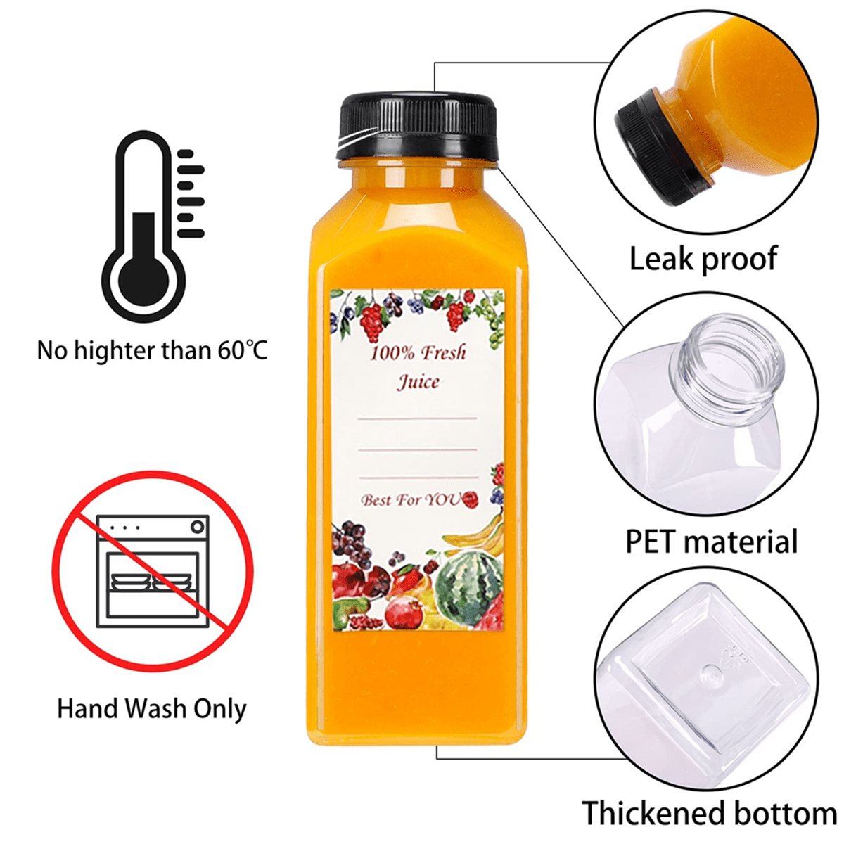 12oz Empty Plastic Juice Bottles with Caps,Reusable Water