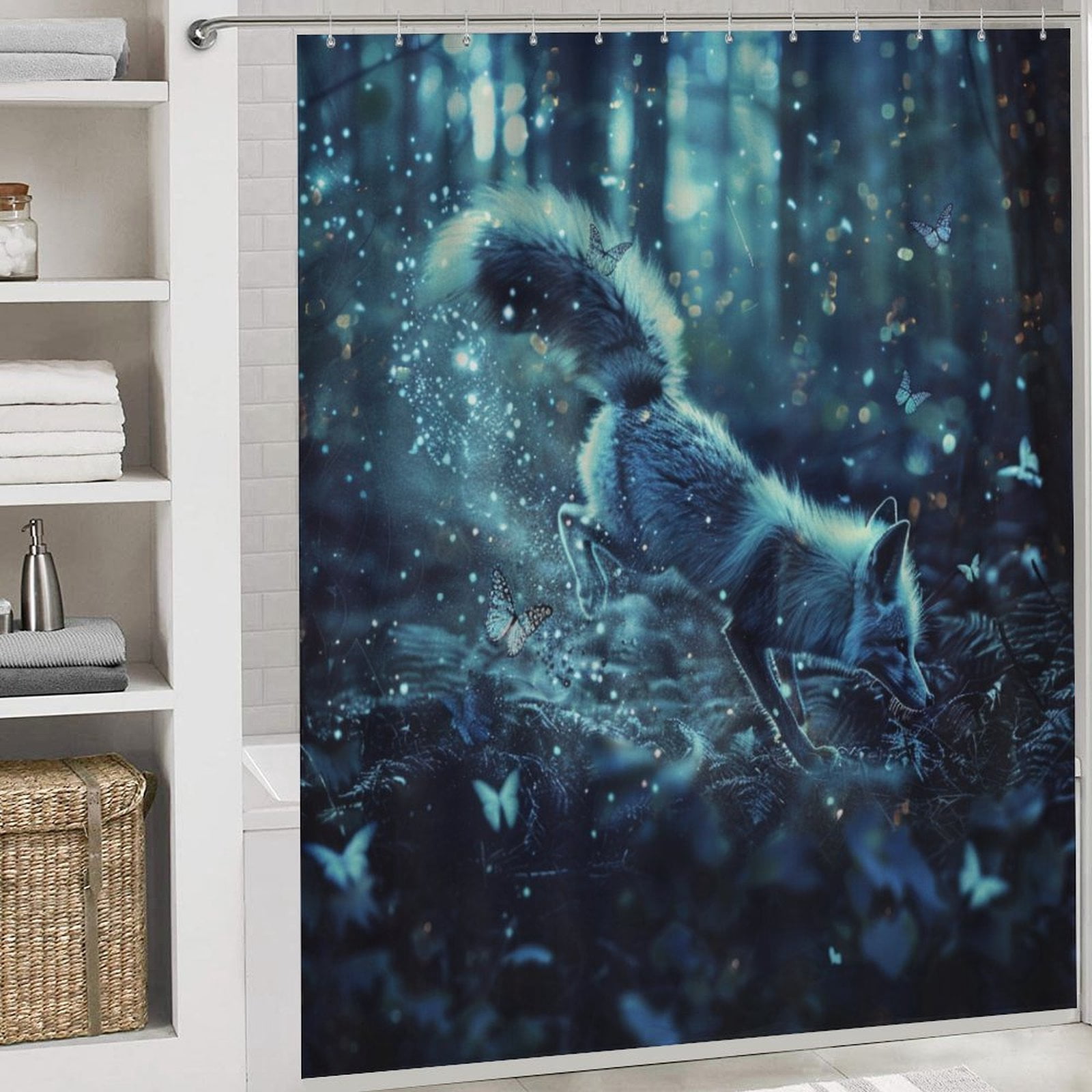 Nine Tailed Fox Chasing Butterfly 4 Piece Shower Curtain Sets, Non-Slip Rugs, Toilet Lid Cover And Bath Mat, for Bathroom Decor Set, 72" X 72"
