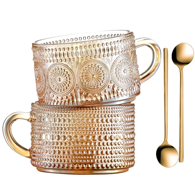 Juego de 2 tazas de café Gezzeny de vidrio con relieve ámbar, 14 onzas
