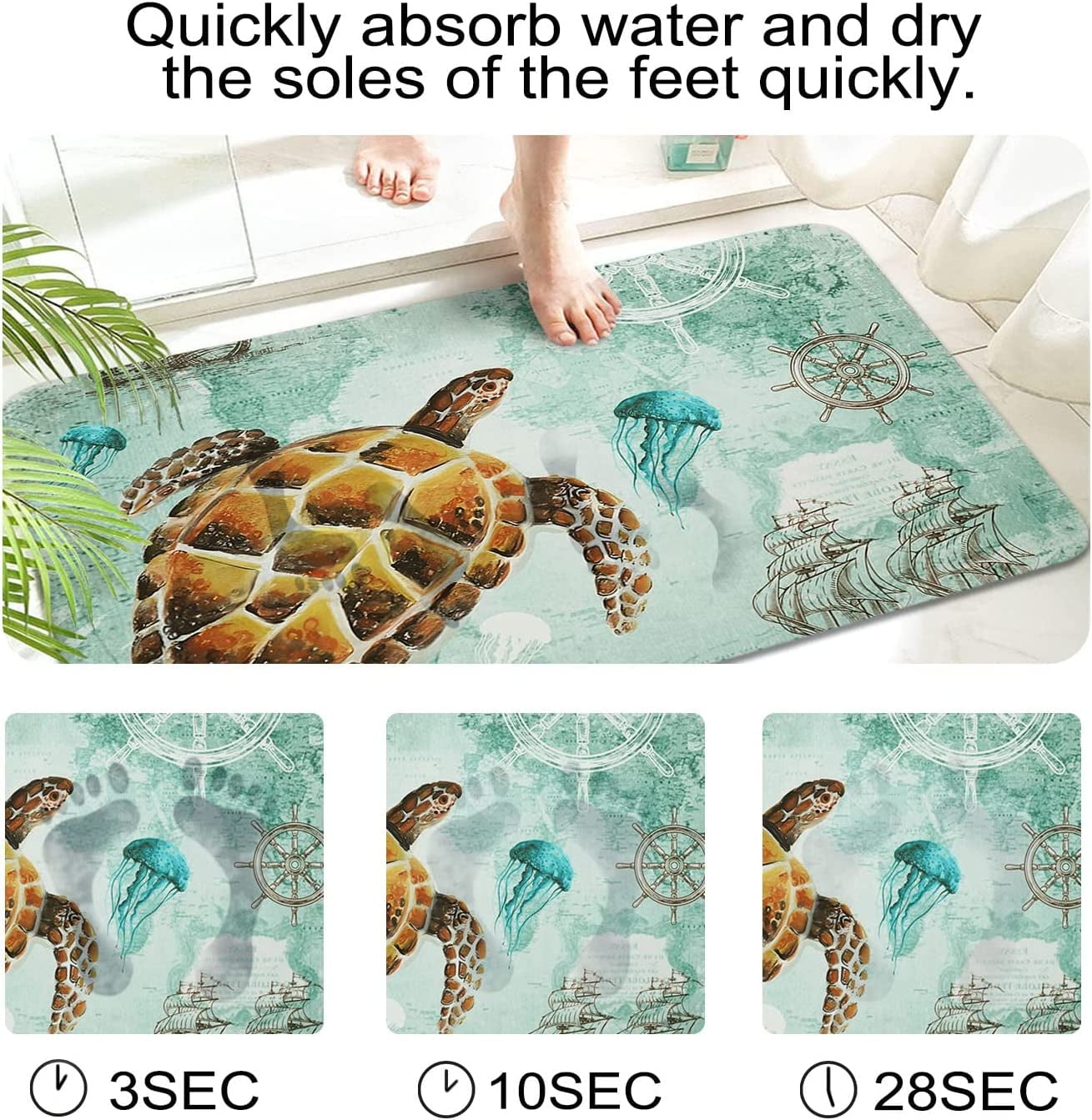 Blue Sea Turtle Diatomaceous Earth Bath Mat Rug-Rubber Non Slip Quick Dry  Super Absorbent Thin Bathroom Rugs for Bathtub Shower Room Sink ( 17