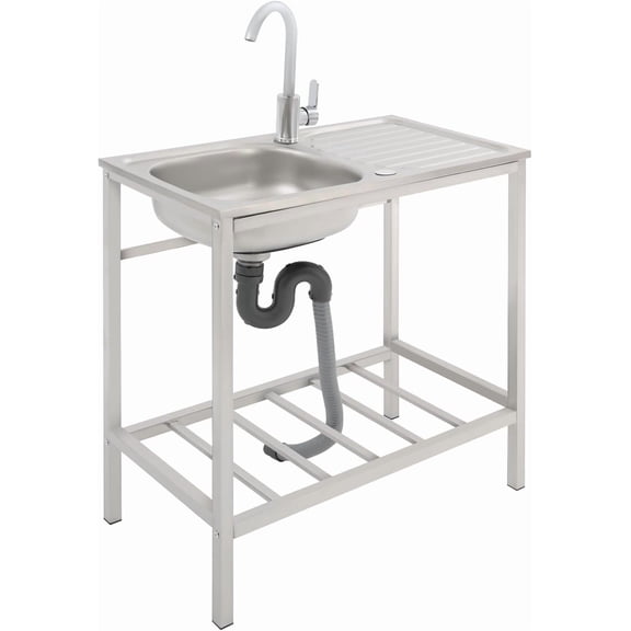 Stainless Steel Utility Sink, 29.5*15.7*29.5 in Free Standing Single Bowl Kitchen Sink with Hot and Cold Faucet & Storage Shelf, Indoor/Outdoor Washing Hand Basin Station for Restaurant