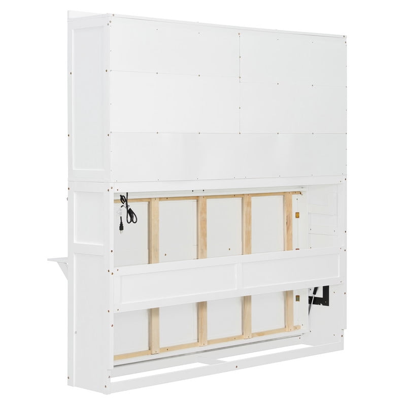Twin Size Storage Murphy Bed with Cabinets w/ Rattan Door, Foldable Platform Bed Frame with Built-in Light & Charge Station