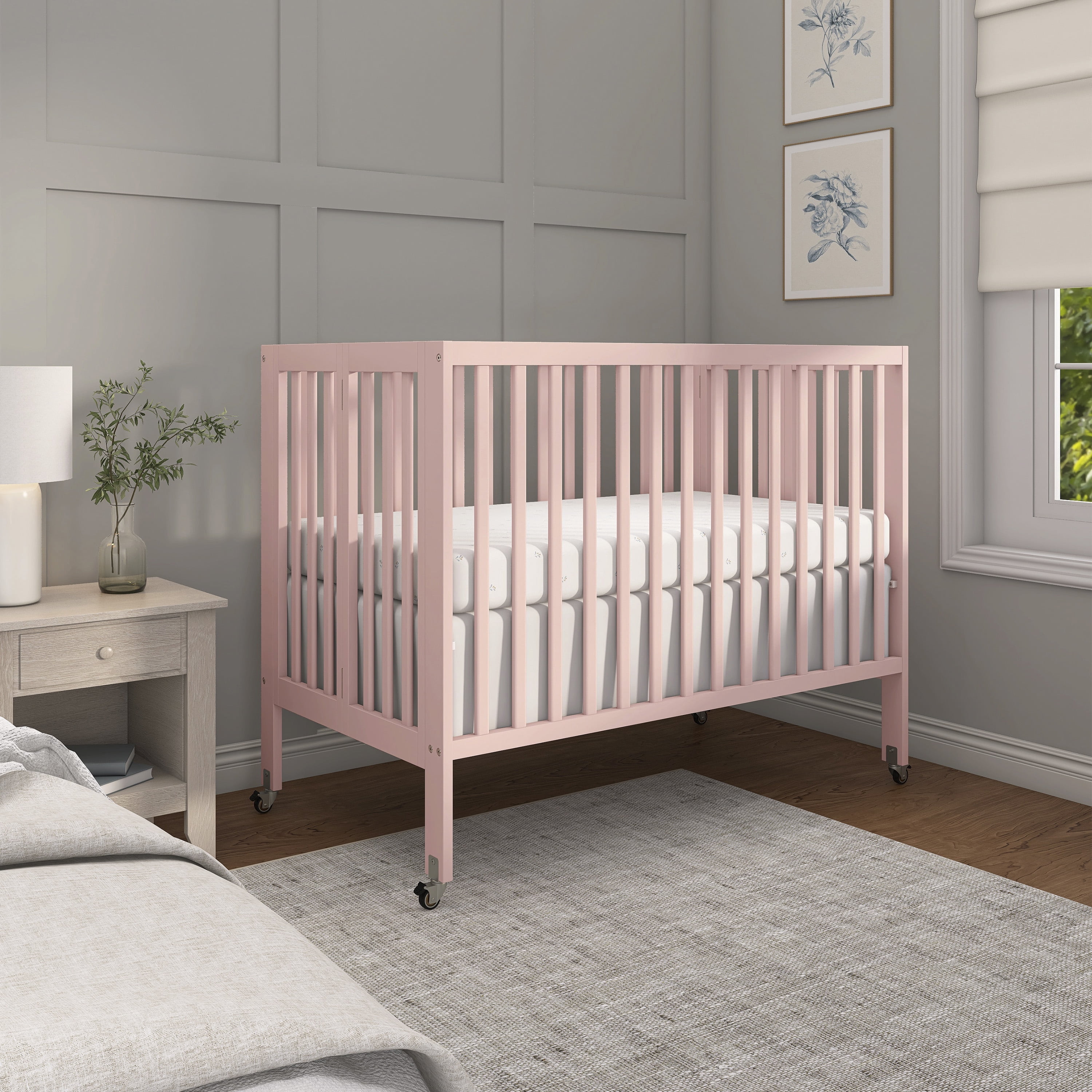Dream On Me Quinn Full-Size Folding Crib, Patent Folding System in Blush Pink