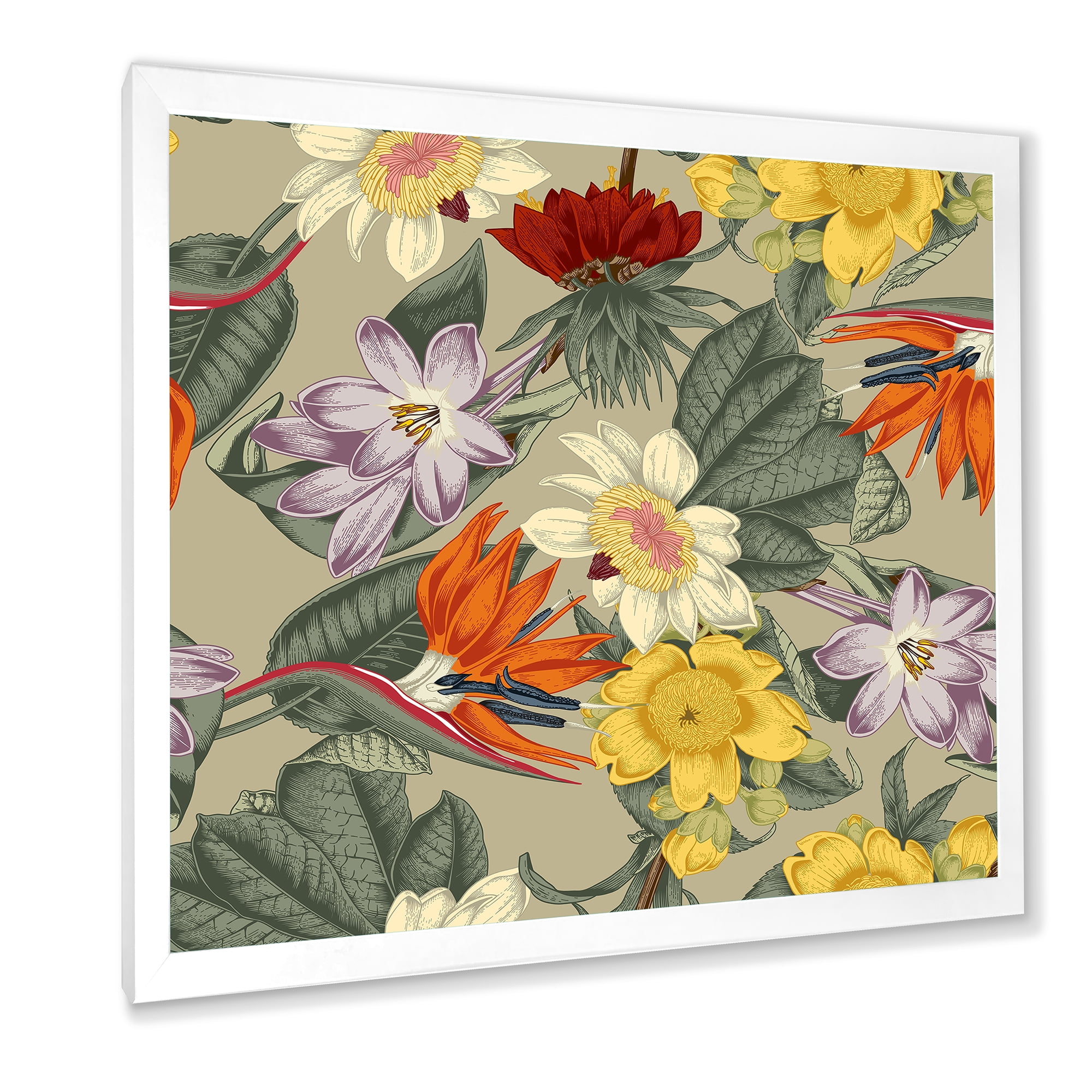 Designart 'Ancient Exotic Flowers In Orange and Yellow' Traditional Framed Art Print