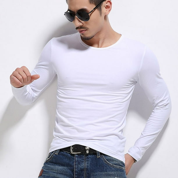 Camiseta de manga larga para hombre respetuosa con la piel blanca elastica facil de combinar camiseta con cuello para hombre Color puro clasica para el dia a dia para ANGGREK Otros