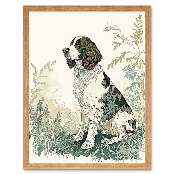 English Springer Spaniel Dog in Field Modern Pastel Watercolour Illustration Art Print Framed Poster Wall Decor 12x16 inch