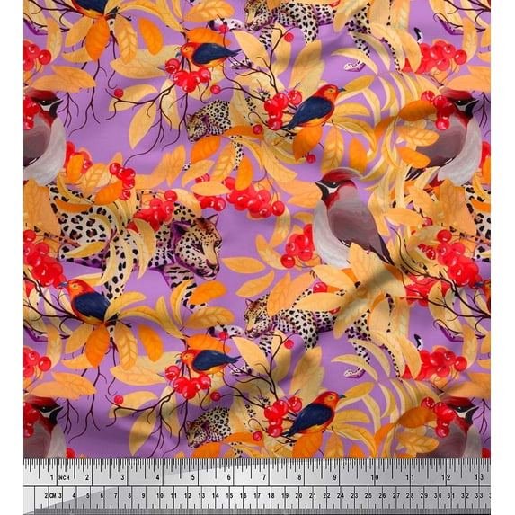 Soimoi Viscose Chiffon Fabric Leopard,Band Tailed Manakin & Bohemian Waxwing Bird Printed Craft Fabric by The Yard 42 Inch Wide