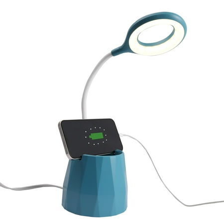 Mainstays Organizer Plastic LED Desk Lamp with USB Charging Port, Cool Water