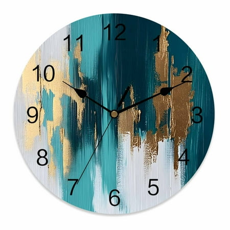 Silent Wall Clocks Battery Operated, Turquoise Gold Brush Round Decorative Wall Clock for Living Room Bedroom Kitchen Bathroom Classroom Decor, 10 Inch Abstract Modern Art