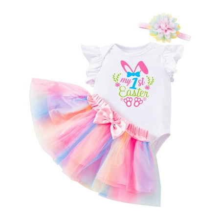 

Canrulo My 1st Easter Infant Baby Girl Sleeveless Romper Bunny Bodysuit Lace Tutu Skirt Headband 3Pcs Summer Outfits Pink Bunny 9-12 Months