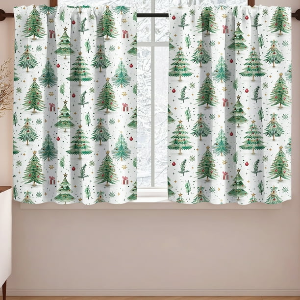 Cortinas Cortas con Estampado de Bosque Navideño para Cocina, Cortinas Parasol, Cortinas Divisorias, Cortinas Pequeñas