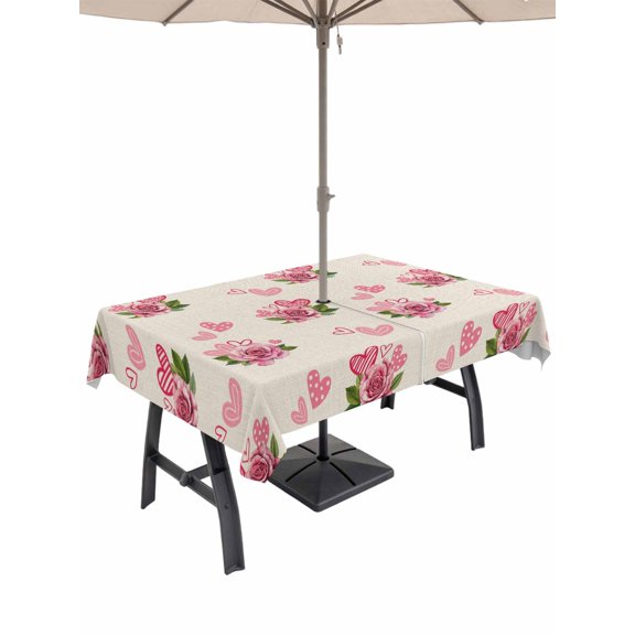 Outdoor Tablecloth with Umbrella Hole and Zipper, Pink Roses Rectangle Table Cloth 60x102 Inch Waterproof Tablecloth, Valentine's Day Love Flowers Beige Rustic Picnic Table Cover for Patio Camping