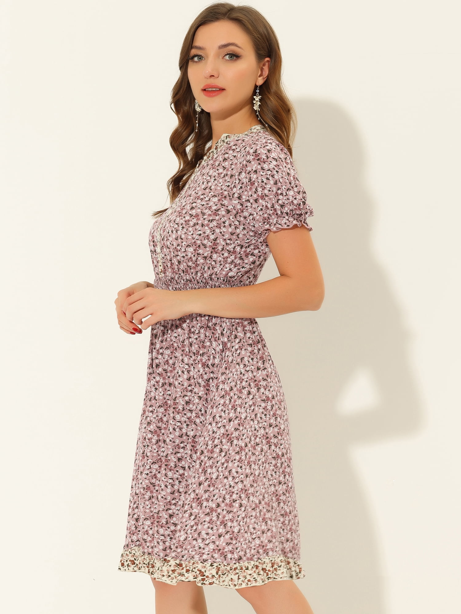 DARING DIVA Floral Ruffle Neck Smocked Waist Dress M Pink