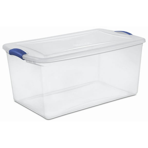 Sterilite 62 Liter Latch Box, Clear Plastic Storage Bin with Lid, Blue Latch